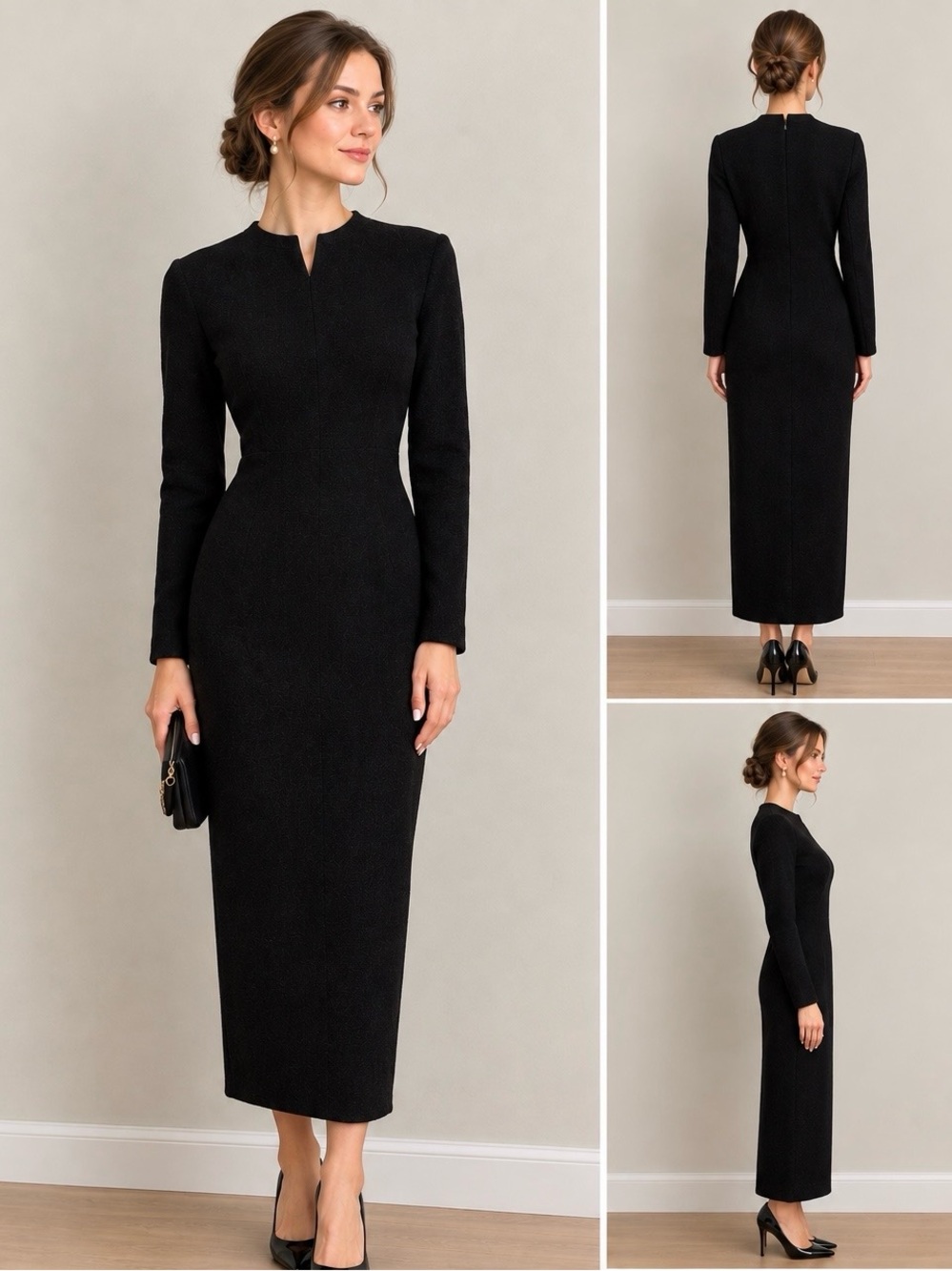 Adrienne Vittadini Black Long-Sleeve Midi Sheath Dress
